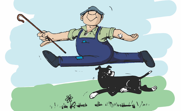 Cartoon showing healthy farmer jumping the air